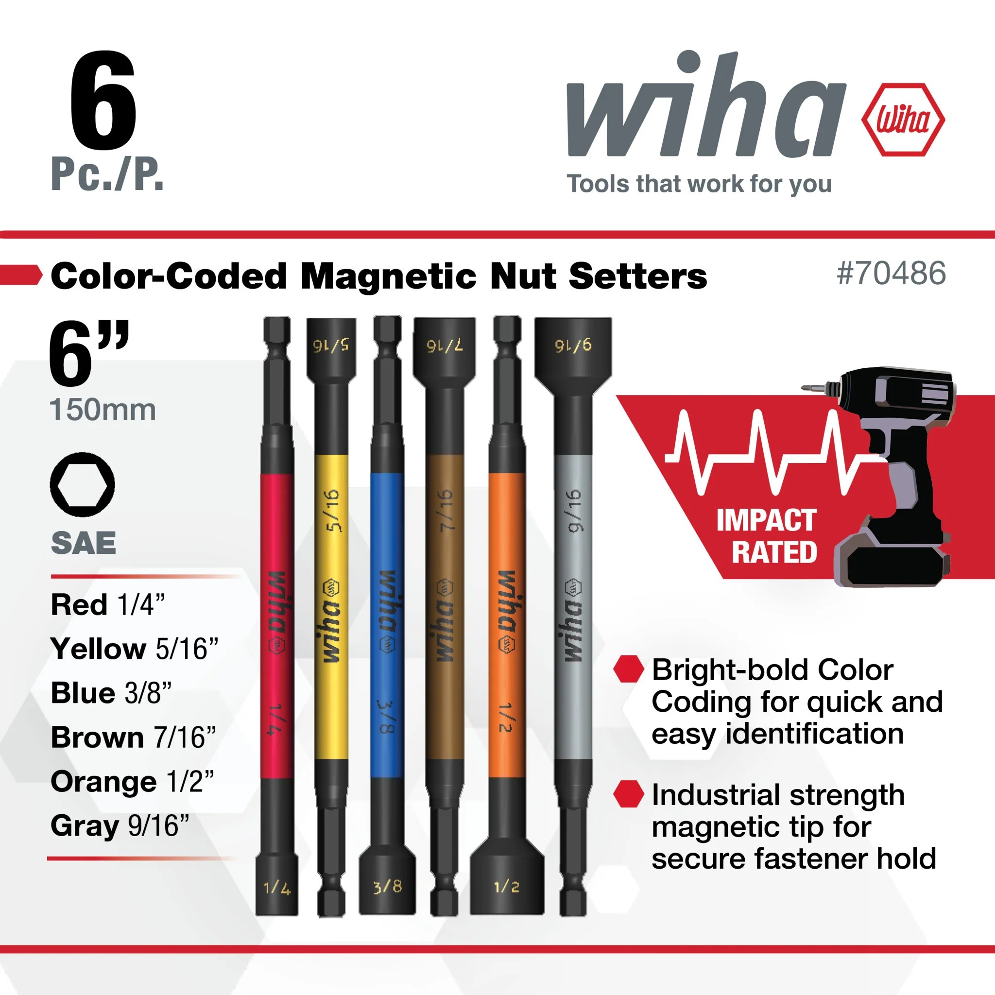 6 Piece Color Coded Magnetic Nut Setter SAE Set - Image 3