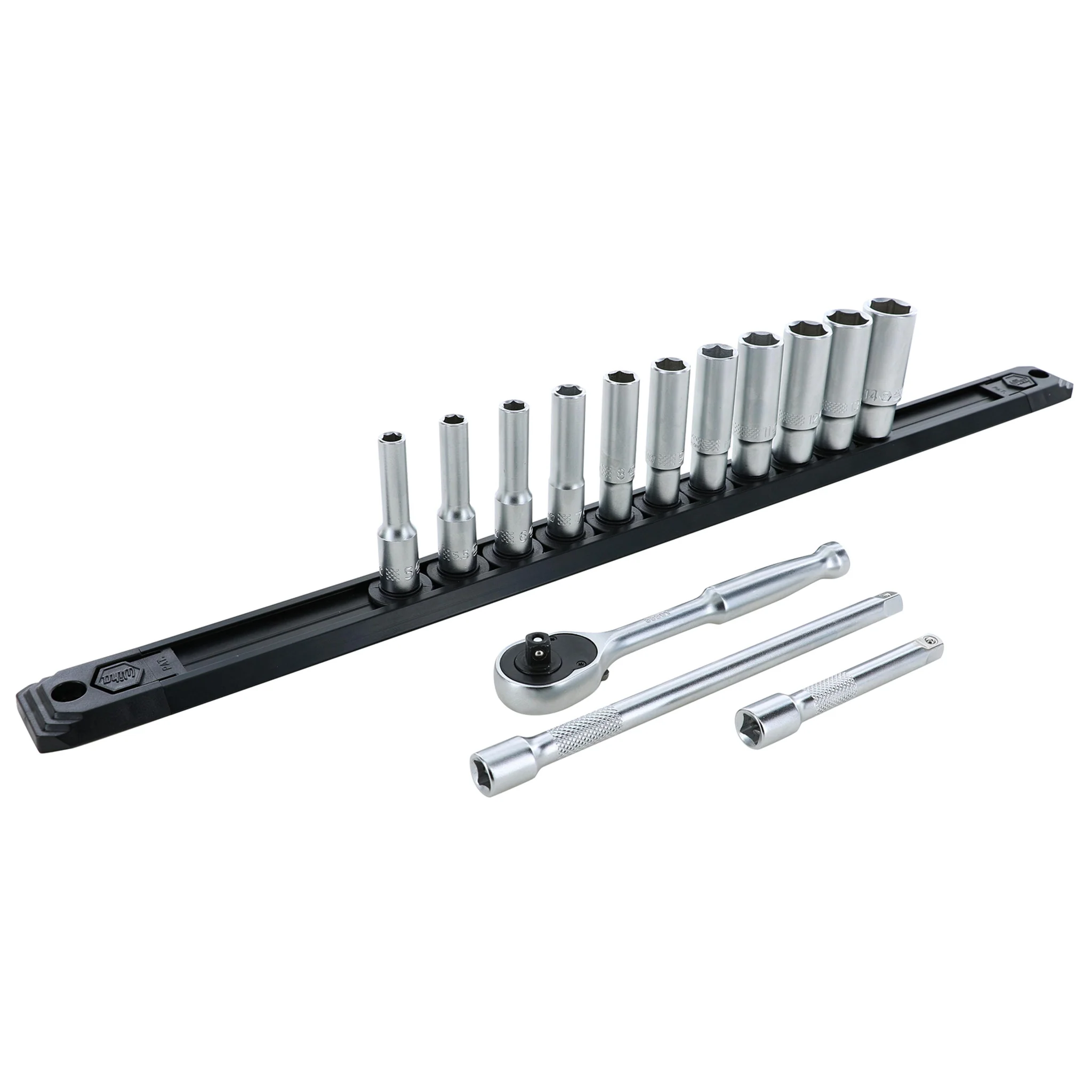 14 Piece Professional Series Socket and Ratchet Set with 3 and 6 Inch Extension Bars - Metric
